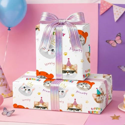 Homeral Cat Birthday Wrapping Paper Roll - Mini Roll - 17 Inch x 16.5 Feet, Cute Kitty Cat Gift Wrap with Grid Cutting Lines for Kids Birthday, Baby Shower, Party - color: White Cat, size: 17in*16.5ft(23.4sqft)
