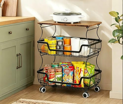Pantry Floor Organizeron with Wheels, 3 Tier Rolling Fruit Vegetable Basket for Kitchen Stackable Wire Basket Stand for Home Removable Metal Vegetable Rack Wire Snack Cart