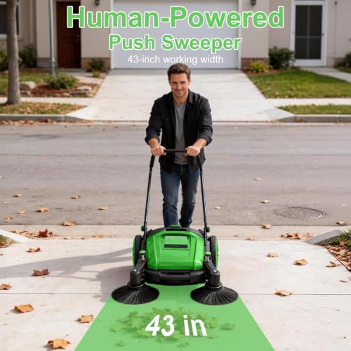 43" Walk-Behind Hand Push Floor Sweeper, 15 Gallon Waste Container, 46000 Sq Ft/H Efficiency, Angle & Height Adjustable Folding Handle for Yard, Garage, Patio & Walkway Cleaning - color: Green