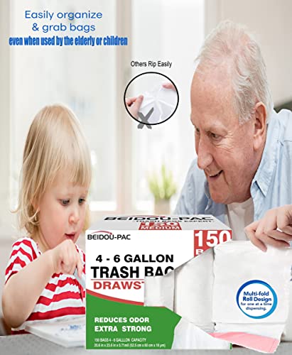 BEIDOU-PAC Trash Bags 4-6 Gallon Drawstring, 150 Count, Multifold Roll Garbage Bags, Medium Kitchen Trash Bags, Odorless & Heavy Duty White Plastic Food Scrap Bags for Bathroom Bedroom Office Waste - style: 4-6 Gallon |150 Count