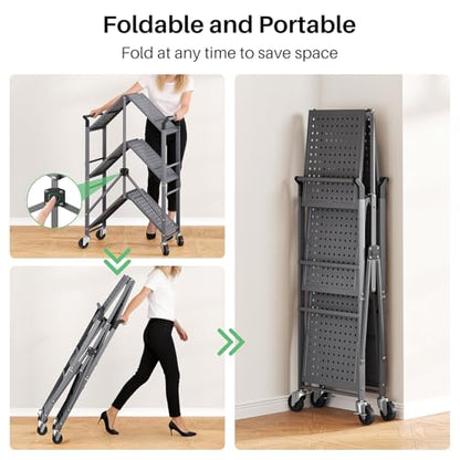 SNTD 3 Tier Rolling Cart, Metal Utility Cart on Wheels, Grey