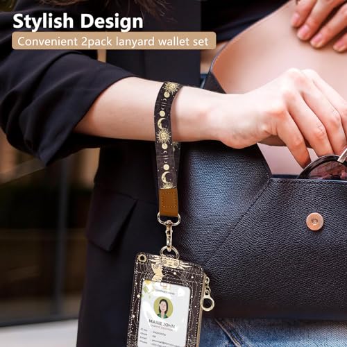 bolimoss Sun and Moon Lanyard Wallet, Boho Lanyard with Wallet,ID Badge Holder with Neck & Wristlet Lanyard, Pu Leather Zip Id Case Wallet with Breakaway Lanyard, Keychain Wallet for Women - color: Sun Moon