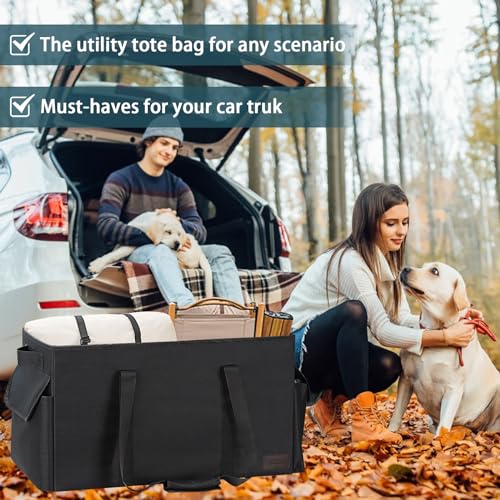 Sturdy Extra Large Utility Tote Bag with Hard Bottom & Sides, Heavy Duty Grocery Tote Bag, Thirty One Utility Tote with Handles for Shopping, Beach, Picnics, Camping, Car (22.5"x11"x12") - color: Black-1 Pack