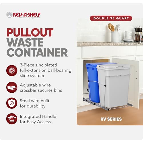 Rev-A-Shelf Double Pullout Garbage Trash Cans for Kitchen Cabinets, 35 Qt - color: White & Blue