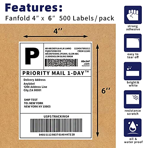 POLYSELLS 500pcs 4x6 Direct Thermal Shipping Labels White Perforated Fanfold Labels, 500 Labels per Stack - Commercial Grade - style: 1 Stack I 500 Labels