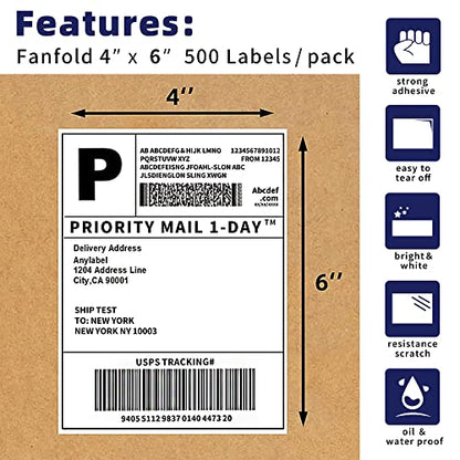 POLYSELLS 500pcs 4x6 Direct Thermal Shipping Labels White Perforated Fanfold Labels, 500 Labels per Stack - Commercial Grade - style: 1 Stack I 500 Labels