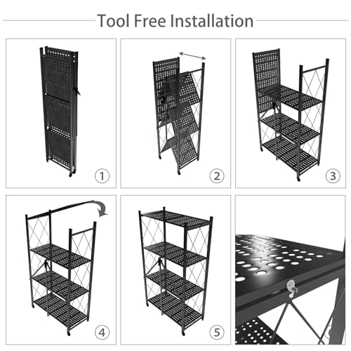 4 Tier Foldable Storage Shelf with Wheels, Metal Steel Collapsible Shelves - color: Black, size: 4 Tier