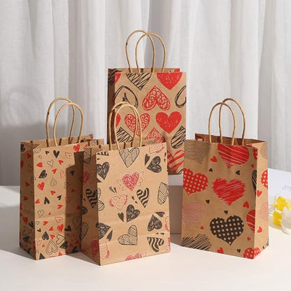 piqiya 24pcs Valentine Gift Bags Bulk,Kraft Paper Gift Bag with Handle,Valentines Gift Bags for Gift Wrapping,Anniversary,Valentine‘s Day Party - color: mix heart