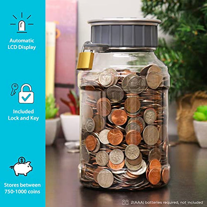 Locking Digital Coin Bank Savings Jar - Pennies Nickles Dimes Quarter Half Dollar Change Counter | Clear Jar with LCD Display - style: Locking