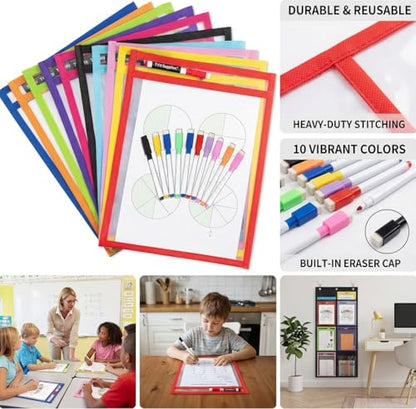 Dry Erase Pockets, 10 Pack Oversized 10 x 14 Reusable Sleeves for 8.5 x 11 Worksheets, Heavy Duty Clear Dry Erase Sheet Protectors with 10 Markers, Grommet & Loop for Classroom, Homeschool & Office