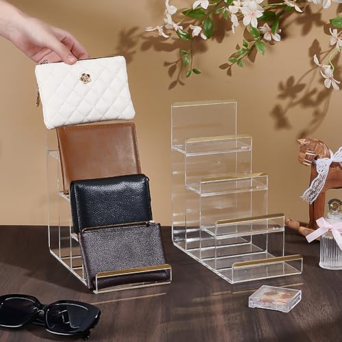 UNICRAFTALE 2Pcs 4-Tier Acrylic Purse Stand Gold Edged Clear Minifigures Display Riser Clear Handbag Display Perfume Jewelry Organizer Holder for Vanity Closet Retail Showcases 4.3x8.6x8.78in - size: 4.33x8.66x8.78in