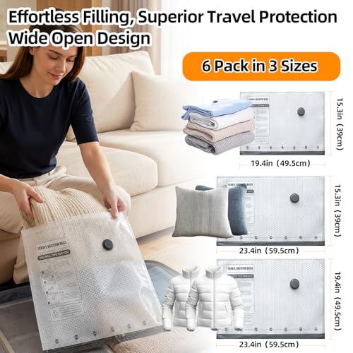 Vacuum Storage Bags with Rechargeable Air Pump, 6 Combo Vacuum Bags for Travel, Space Saver Plastic Packaging Bags for Clothes, Blankets, Pillow, Bedding, Luggage