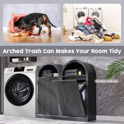 IFGET Arched Tilt-Out Trash Can Cabinet, Fluted 10 Gallon Trash Can with Open Shelf, Modern Laundry Hamper Cabinet, Hidden Garbage Can with Storage Basket for Kitchen, Living Room, Dark Grey - color: Dark Grey