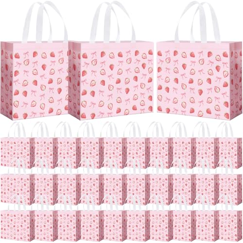 Abbylike 30 Pcs Strawberry Bow Gift Bags Reusable, Large Tote with Handle - style: Strawberry Bow
