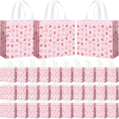 Abbylike 30 Pcs Strawberry Bow Gift Bags Reusable, Large Tote with Handle - style: Strawberry Bow