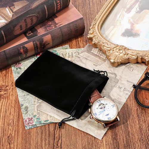 PercyEffie 100 Pcs Velvet Drawstring Bags, Black Small Velvet Pouches with Drawstring for Jewelry Earring Storage, Wedding Party Favors (4 x 6 Inch)