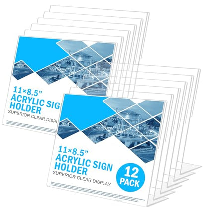 12 Pack Acrylic Sign Holder 8.5 x 11 Horizontal Slant Back Acrylic Stands for Display Plexiglass Clear Acrylic Display Stands for Ad Frame, Picture Photo Frames, Promotions, Restaurants, Office - size: Horizontal 12 pack 8.5 x 11 inches