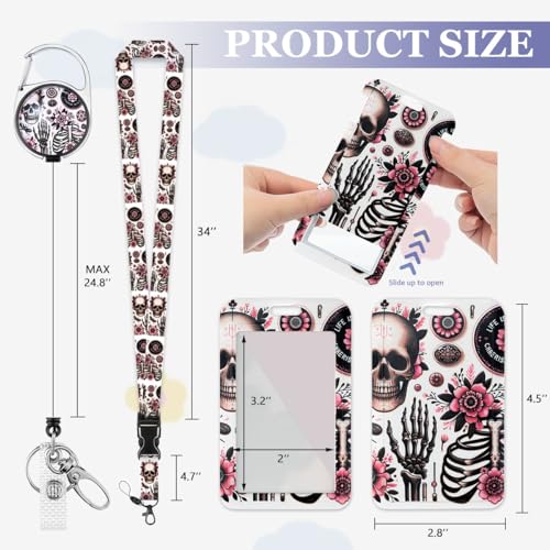Funny Skull ID Badge Holder with Lanyard and Retractable Badge Reel - color: Skull and Floral