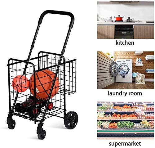Happygrill Foldable Shopping Cart, Grocery Cart on Wheels with Double Basket, Swivel Wheels and Adjustable Handle, Utility Cart or Grocery Laundry Luggage Travel