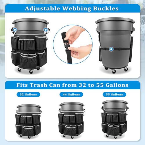 HODRANT Trash Can Caddy Bag with 13 Pockets Fit 32-55 Gallon Garbage Bin - color: Black with gray edge