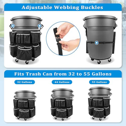 HODRANT Trash Can Caddy Bag with 13 Pockets Fit 32-55 Gallon Garbage Bin - color: Black with gray edge