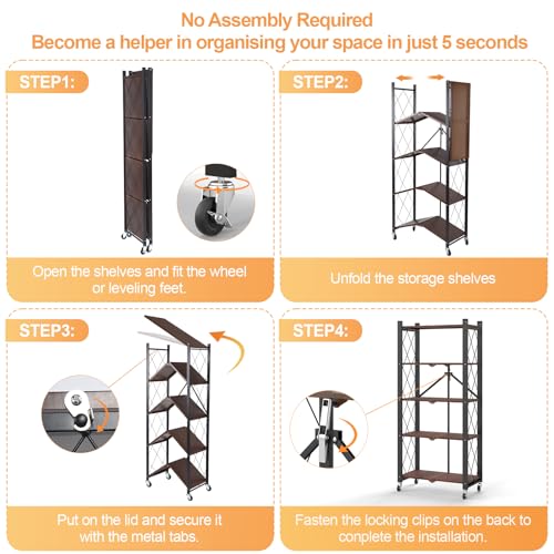 5-Tier Foldable Storage Shelves with Wheels,Folding Bookshelf no Assembly - color: Rustic Brown, size: 5 Tier