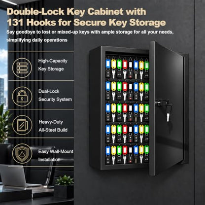 Key Cabinet Lock Box with 131-Keys: Steel Wall Mount Key Box Organizer - Large Storage and Secure Combination Lock Boxes for Home Office Business - Black - color: Matte Black
