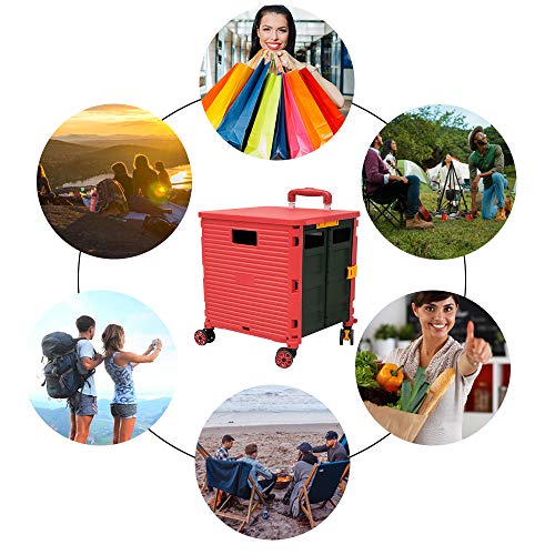 Quick Utility Cart Four -Rotate Wheeled Collapsible Handcart with Durable Heavy Duty Plastic Telescoping Handle for Travel Shopping Moving Luggage Office Use - color: Red