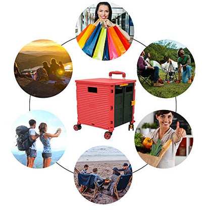 Quick Utility Cart Four -Rotate Wheeled Collapsible Handcart with Durable Heavy Duty Plastic Telescoping Handle for Travel Shopping Moving Luggage Office Use - color: Red