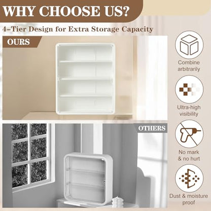 4-Tier Clear Display Case for Figures, Wall-Mounted Trinket Display Shelves with Adjustable Shelves, Dustproof Squishy Storage Case & Trinket Shelf Display Wall for Mini Figures and Collectibles - color: White
