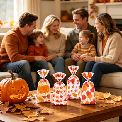 100Pcs Fall Thanksgiving Cellophane Treat Bags - 5 x 11 Inch Clear Fall Goodie Bags with Gold Ties for Cookies, Snacks, Party Favors & Gift Packaging, 2.8 Mil Thick Plastic Autumn Candy Bag for Kids - color: Fall 100pcs