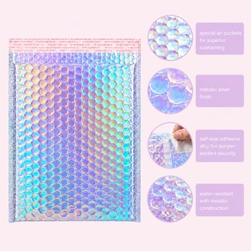 50Pack Bubble Mailers, Holographic Bubble Padded Envelopes, 3 Sizes