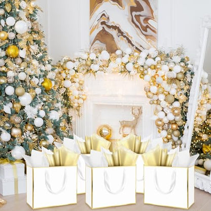 ReliThick 12 Pack Paper Gift Bag with Handles & Tissue, White, Gold - color: White, Gold