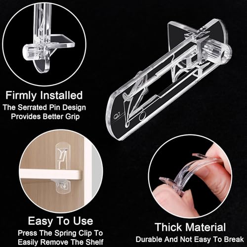 30PCS Clear Plastic Shelf Support Pegs for 3/4" Thick Wood Shelving, 5mm Peg Cabinet Shelf Clips with Self-Locking Design, Secure Kitchen Cabinet Shelf Pegs for Bookshelves and Storage Organizers