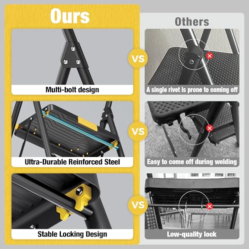 Urackify 3 Step Ladder, Heavy-Duty 800lb Capacity, Wide Anti-Slip Steps & Secure Handrail Compact, Folding Step Stool Portable Design for Home, Kitchen, Office, Pantry, Closet Use, Black - size: 3-step