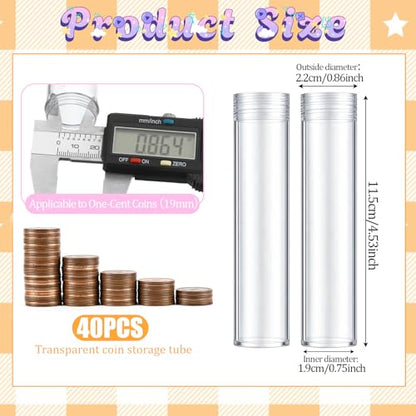 40 Pcs Coin Storage Tube, Plastic Round Clear Penny Coin Tube with Screw Lid, Penny Coins Holder Container Organizer for Coins Collection Supplies Bank Rolls