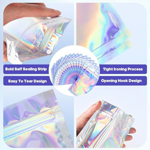 100Pcs Holographic Packaging Bags, 2.7x3.9 inch Resealable Foil Pouch - size: 100Pcs-2.7x3.9 Inch