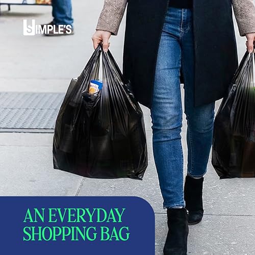 Simple's Black Plastic T-Shirt Bags with Handles – 80 Count – 12"x7"x22" – 1.2 Mil – Grocery & Retail - color: Black, size: 1 Pack = 80 Bags