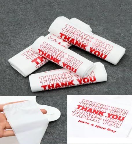 50 Count Thank You Plastic T-Shirt Bags with Handles, Heavy Duty 1.0 Mil (26 Micron) White HDPE, 11 x 6 x 21 in (1/6 BBL), Recyclable Grocery Carryout for Restaurants & Retail