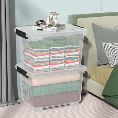 4-Pack 50 Qt Lidded Storage box, Large Clear Plastic Bin with Wheels - size: 50 Quarts