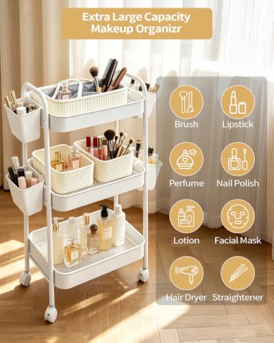 3 Tier Rolling Cart Organizer with Wheels, Metal Utility Storage Cart for Nursery, Bathroom, Kitchen, Craft Room & Laundry Room, Includes Hanging Baskets and Rope Storage Bin, White