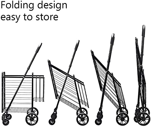 Happygrill Foldable Shopping Cart, Grocery Cart on Wheels with Double Basket, Swivel Wheels and Adjustable Handle, Utility Cart or Grocery Laundry Luggage Travel