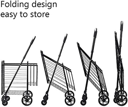 Happygrill Foldable Shopping Cart, Grocery Cart on Wheels with Double Basket, Swivel Wheels and Adjustable Handle, Utility Cart or Grocery Laundry Luggage Travel