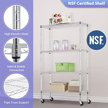 FDW | 4-Tier Wire Shelf with Wheels | 36" x 14" x 62" | Chrome - color: Chrome, size: 36×14×62
