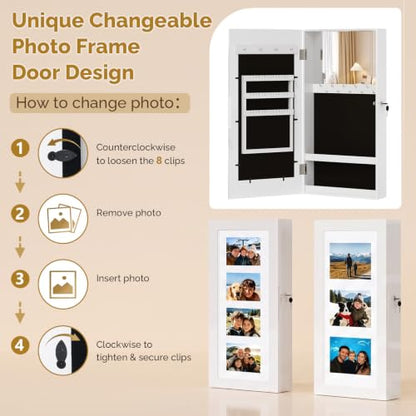 Bonnlo Wall-Mounted Jewelry Cabinet with 3-in-1 Photo Frame & Mirror, White - color: White, size: 3.55"D x 11.8"W x 23.6"H