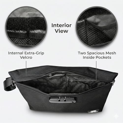 Secure Money Travel Bag with Zipper, Multiple Pockets and Combination Lock Close - color: Black