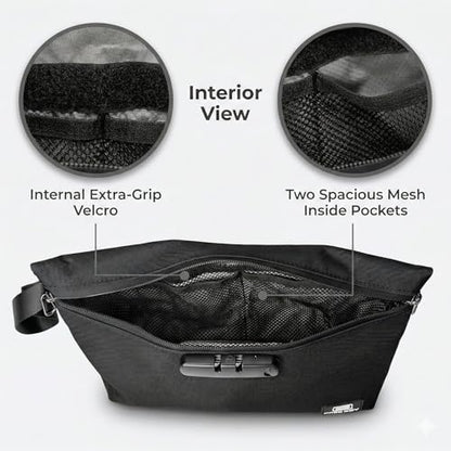 Secure Money Travel Bag with Zipper, Multiple Pockets and Combination Lock Close - color: Black