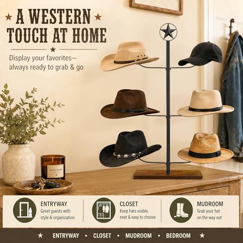 Cowboy Hat Display Stand for 6 Hats, Freestanding Countertop Hat Rack