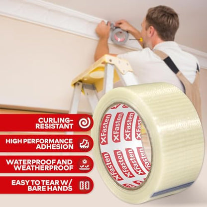 XFasten Heavy Duty Filament Tape 2 Inch by 60 Yards Reinforced Packing Tape, Extreme Fiberglass Reinforced Cross Strapping Tape - size: Large
