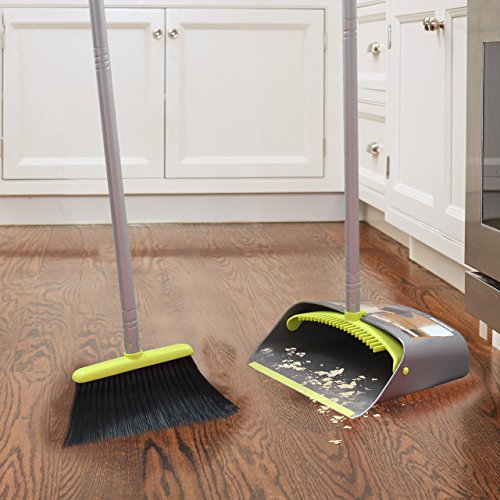 TreeLen Broom and Dustpan Set, TreeLen Broom with Dust Pan with Long Handle Combo Set for Office and Home Standing Upright Sweep Use with Lobby - color: B Gray Green Broom Set